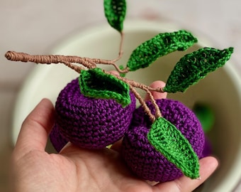Crochet Plums Fruit, Cotton Yarn Pretend Play Food, Single Plum or Branch (2.4 inches)