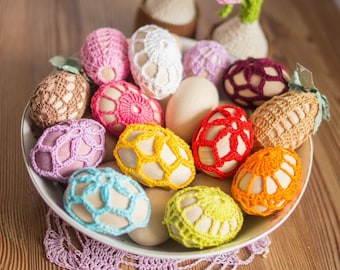 Crochet easter eggs, wooden egg,  easter table decoration, eggs in rainbow colors, spring bunny hunt, eco gift