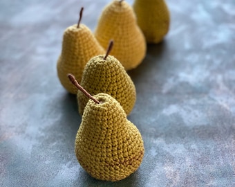 Crochet fruit pear for children’s kitchen, fake food, eco decoration, gift for cooker