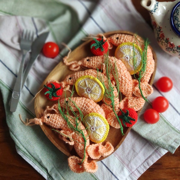 Crochet food - shrimp set or single piece,  soft toy for joy, pretend play food, modern crochet, fiber art, little ones knitting.