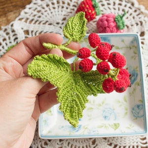 Può includere: Un rametto di bacche rosse all'uncinetto con foglie verdi. Le bacche sono raggruppate e le foglie sono delicate e traforate.