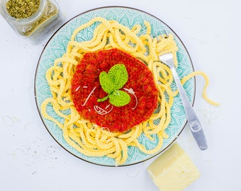 Crochet spaghetti food with tomato sauce and basil, kitchen play food set, activating toys, eco gift.