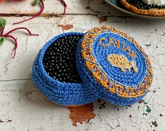 Crochet Caviar Jar: Handmade beaded play food, kitchen decoration