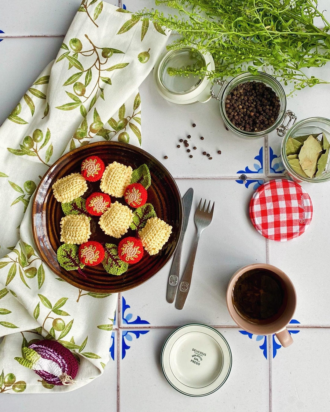 Crochet Italian Ravioli Pasta With Cherry Tomatoes and Beetroot Leaves ...