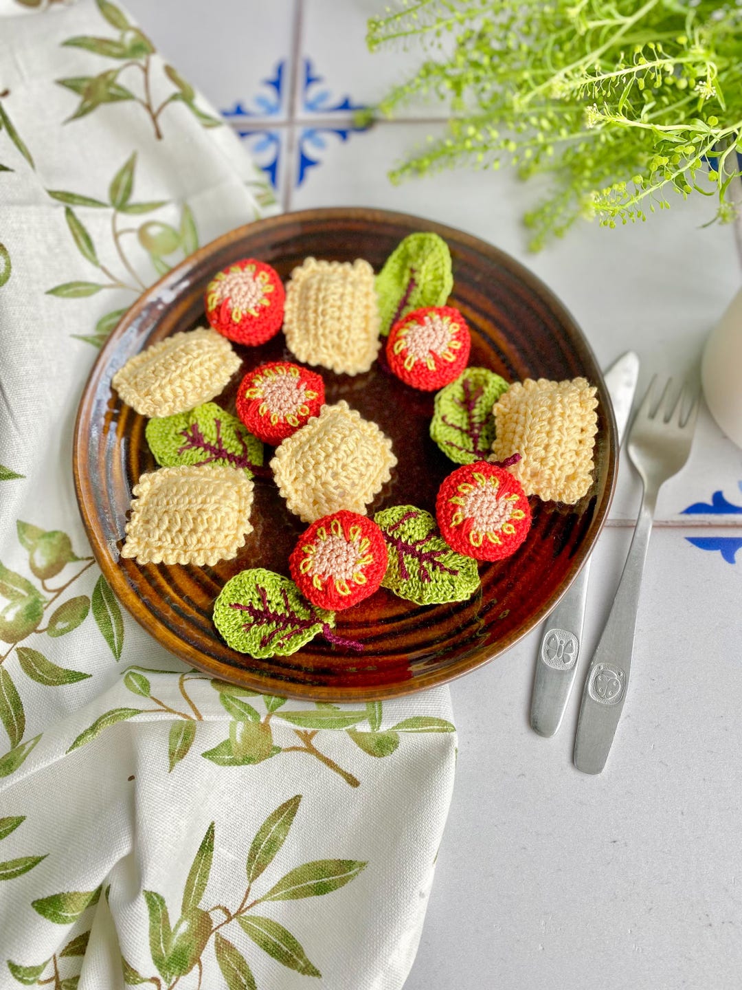 Crochet Italian Ravioli Pasta With Cherry Tomatoes and Beetroot Leaves ...