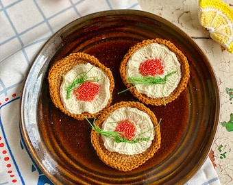 Crochet Red Caviar and Blini Set: Gourmet Play Food, Luxury Kitchen Decor