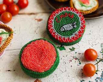 Crochet tin with red caviar, Handmade beaded play food, kitchen decoration