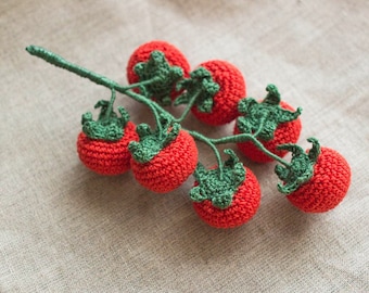 Crochet cherry tomatoes on a twig educational toy for children, pretend play food, kitchen decoration, fiber art, Montessori activity toys.