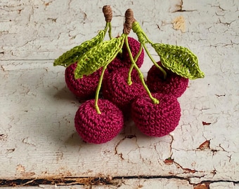 Handmade Crochet Cherries with Leaf, Cotton Fruit Decor, Cottagecore Kitchen Accent