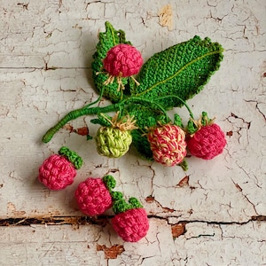 Puede incluir: Rama de frambuesas tejida a ganchillo con hojas verdes y varias bayas rosas y verdes. La artesanía hecha a mano presenta costuras detalladas y un diseño realista, ideal para la decoración del hogar o proyectos de manualidades.