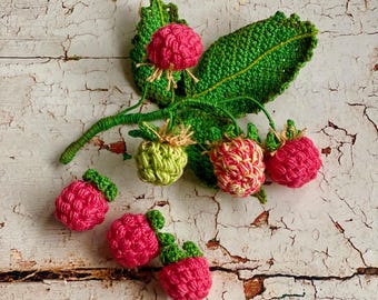 Crochet Raspberry Branch Decor, Faux Berry Stem, Handmade Cotton Botanical, Cottagecore Home Decoration