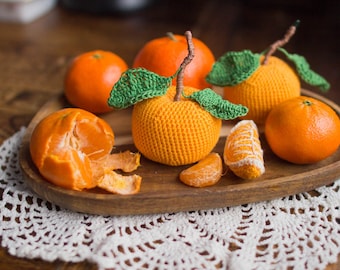 Crochet fruit - tangerine, kitchen decoration, pretend play food, christmas eco gift, decorative throw.