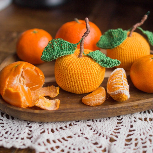 Crochet fruit - tangerine, kitchen decoration, pretend play food, christmas eco gift, decorative throw.