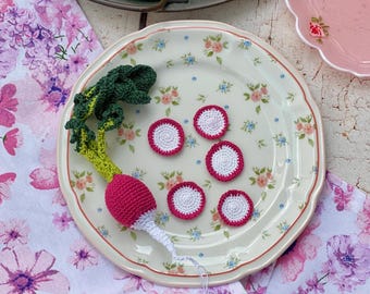 Crochet Radish Slice,  Handmade Realistic Veggie, Miniature Crochet Food, Pretend Play Kitchen, Eco Gift