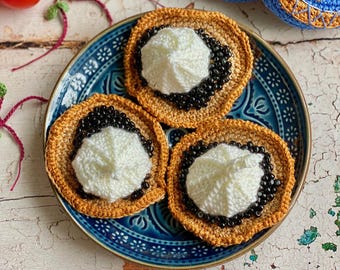 Crochet Caviar & Blini Set: Gourmet Play Food, Luxury Kitchen Decor