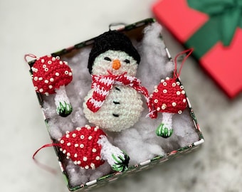 Crochet Christmas Tree Decoration Set – Snowman and 3 Toadstools in a Box, Handmade Christmas Ornaments