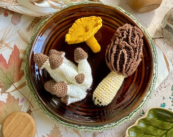 Crochet Chanterelle and Morel Mushrooms - Cotton Play Food, Montessori Toy, Kitchen Decor