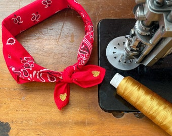 Red Bandana with Chainstitched Gold Hearts