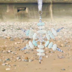 Seaham Seaglass Snowflakes, Christmas tree decorations, Xmas, Seaham