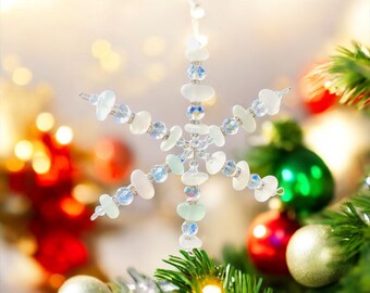 Seaham Seaglass Snowflakes, Christmas tree decorations, Xmas, Seaham