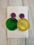 2” Mardi Gras coin dangle earrings; various colors