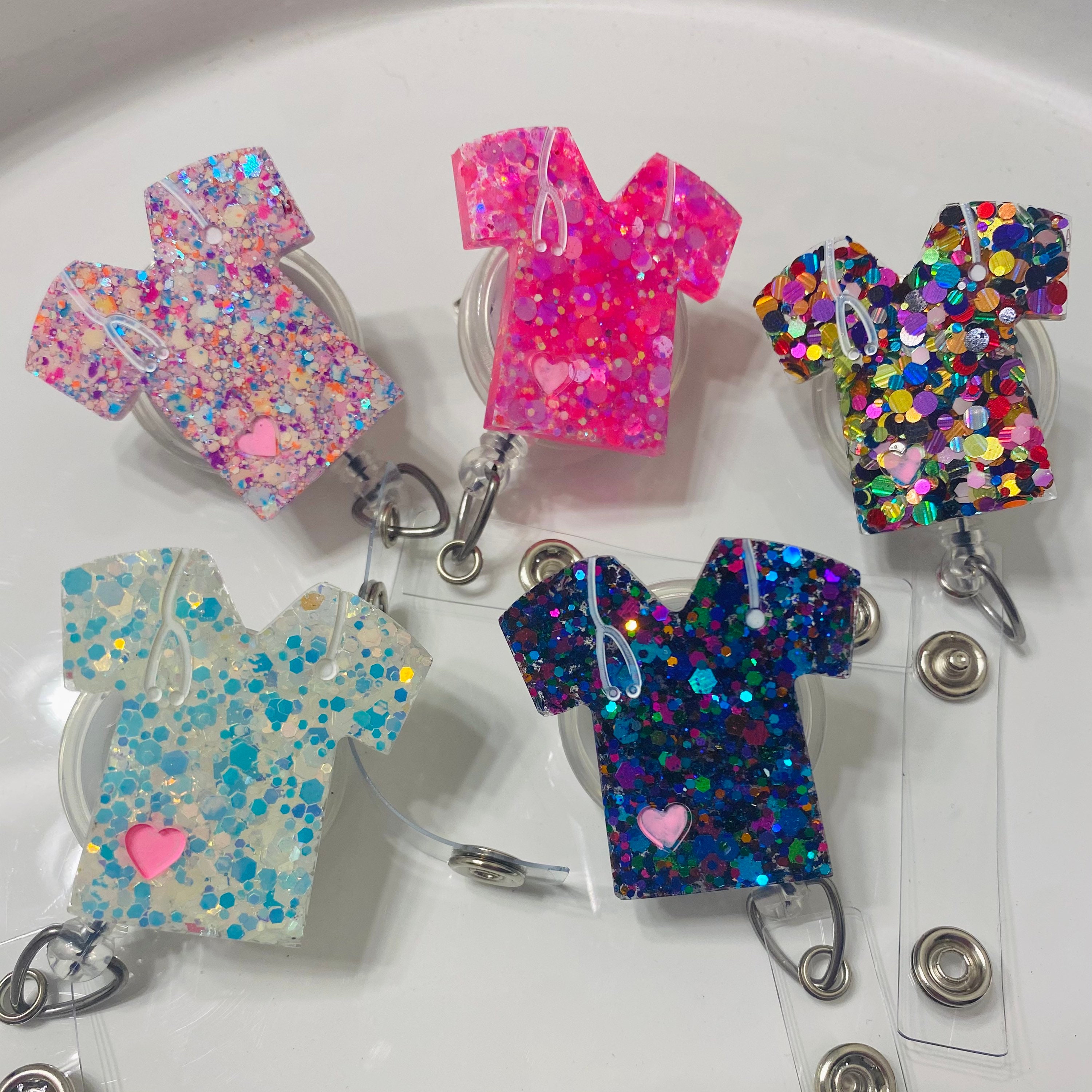 Scrub Top Interchange Glitter Resin Badge Reels Alligator Clip