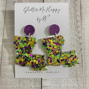 Large Louisiana Mardi Gras dangles; resin stud