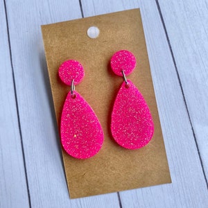 Neon hot pink glitter resin teardrop earrings