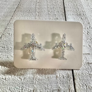 Silver Holo airplane stud earrings