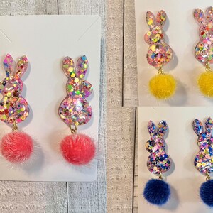 Multicolored confetti bunny pom tail resin dangle earrings