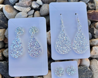 Silver iridescent glitter resin earrings