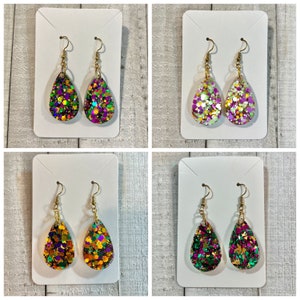 2.5” Mardi Gras Small Teardrop Glitter Resin Earrings