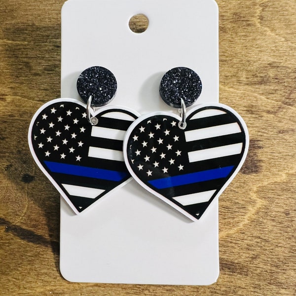 Thin blue line heart acrylic dangle earrings