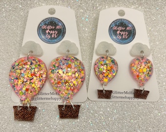 Hot air balloon dangle earrings with cloud stud accent