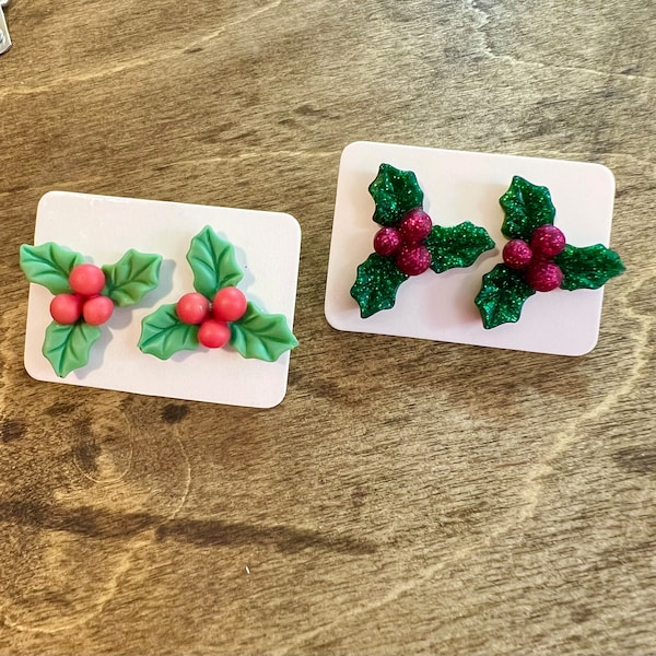 1” holly berry Christmas resin studs