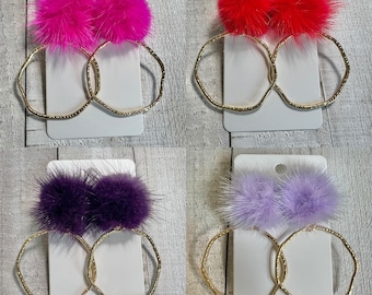 Mink pom pom circle drop earrings