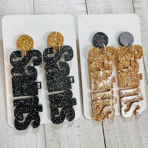 Gameday black & gold vertical word dangle earrings