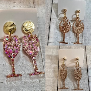 New Years champagne/wine glass glitter dangle earrings