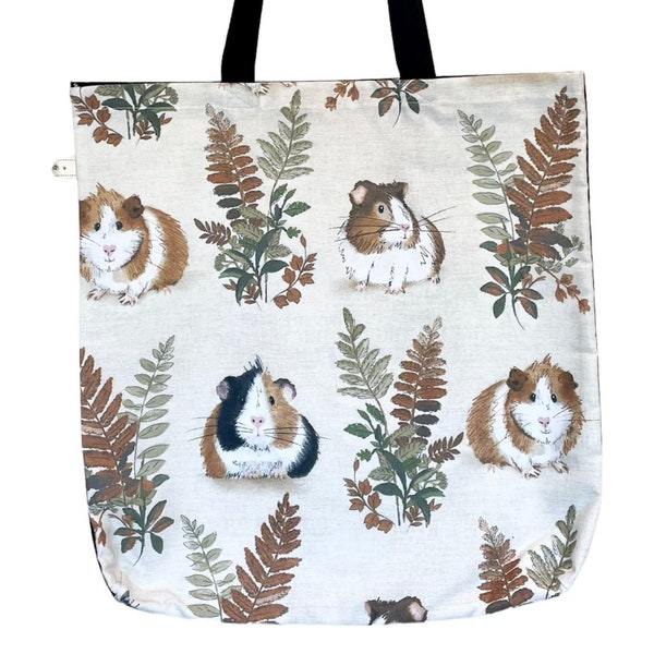 Guinea Pig Tote Bag. Lined Shopping Bag. Reusable, Cotton Black Handle. Animal Print. Floral Design. Gift Bag. Piggies. Guinea Pig Accessory