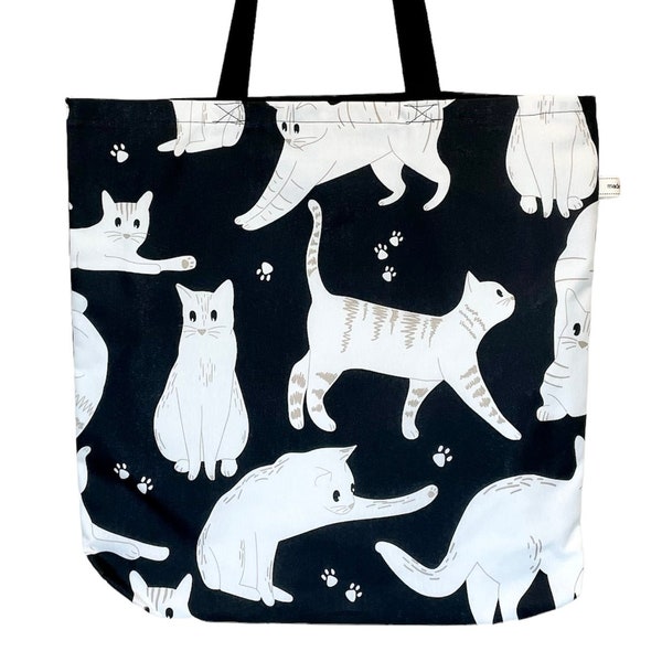 Cat Tote Bag. Lined Shopping Bag. Reusable, Cotton Black Handles. Animal Print. Black and White Kitten Design. Gift Bag. Cat lover gift.