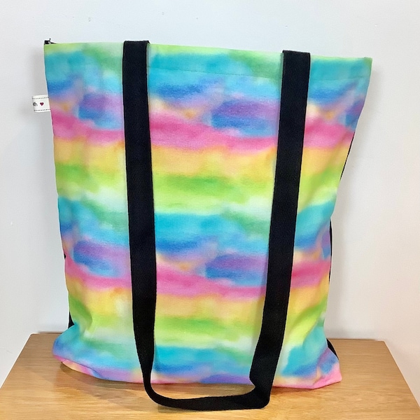 Rainbow Shopping Tote Lined Bag. Pastel Watercolour Pattern. Reusable, Black Handles. Bright, Colourful. Handmade. Christmas Gift Idea