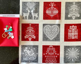 Sewing Bunting Kit - DIY Christmas fabric bunting kit Garland (Red F) - approx 2m. Inc. panel bias buttons ribbon backing instructions. Xmas