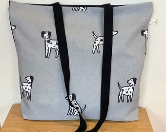 Dalmatian Shopping Tote Lined Bag. Spotty Spot Dog Print. Grey, White. Reusable, Cotton Black Handles. Handmade. Dog Lover Gift.