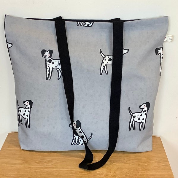 Dalmatian Shopping Tote Lined Bag. Spotty Spot Dog Print. Grey, White. Reusable, Cotton Black Handles. Handmade. Dog Lover Gift.