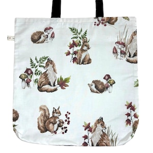 Woodland Animal Tote Bag – Reusable Lined Shopping Bag, Black Handles – Hare, Fox, Hedgehog & Squirrel Design – Handmade Animal Lover Gift