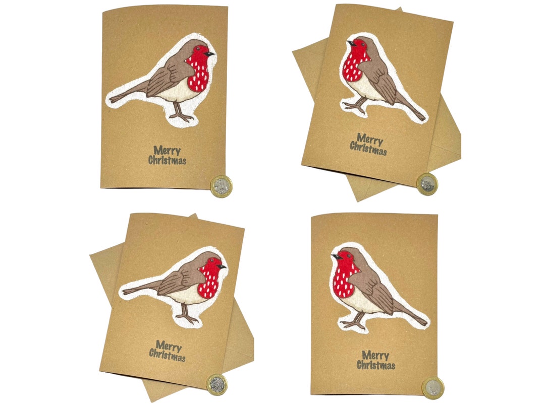 Robin Christmas Cards Bird Fabric Panel on Kraft Card. Handmade Xmas ...
