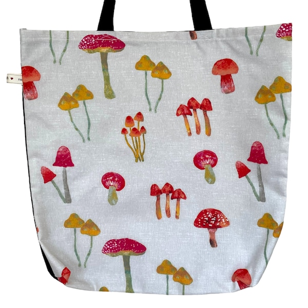 Woodland Toadstool Tote Bag. Lined Shopping Bag. Reusable, Black Handles. Floral Design. Forest Explorer Gift Bag. Autumnal. Christmas gift
