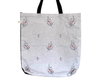 Floral Tote Bag. Lined Shopping Bag. Reusable, Cotton Black Handles. Grey Floral Design. Gift Bag. Mothers Day Gift Idea. Christmas gift.