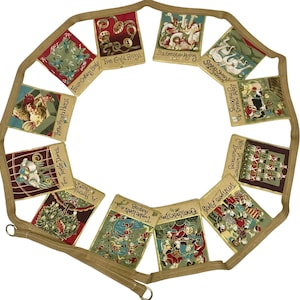 May include: A fabric garland with 12 colorful pennants featuring illustrations and text from the song "The Twelve Days of Christmas". Each pennant has a different verse of the song, such as "Two Turtle Doves" and "Five Gold Rings".