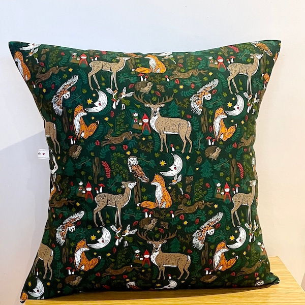 Woodland Animals Cushion Cover 16” x 16” - Fox, Deer, Owl, Hedgehog, Fairy, Hare. Forest Nursery Living Room Bedroom. Inner option. Handmade